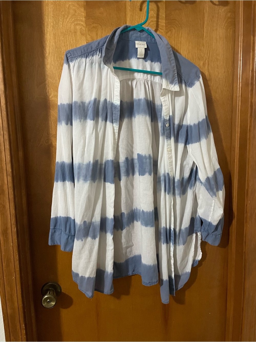 Chico's White and Blue Tie-Dye Stripe Button-Down Shirt